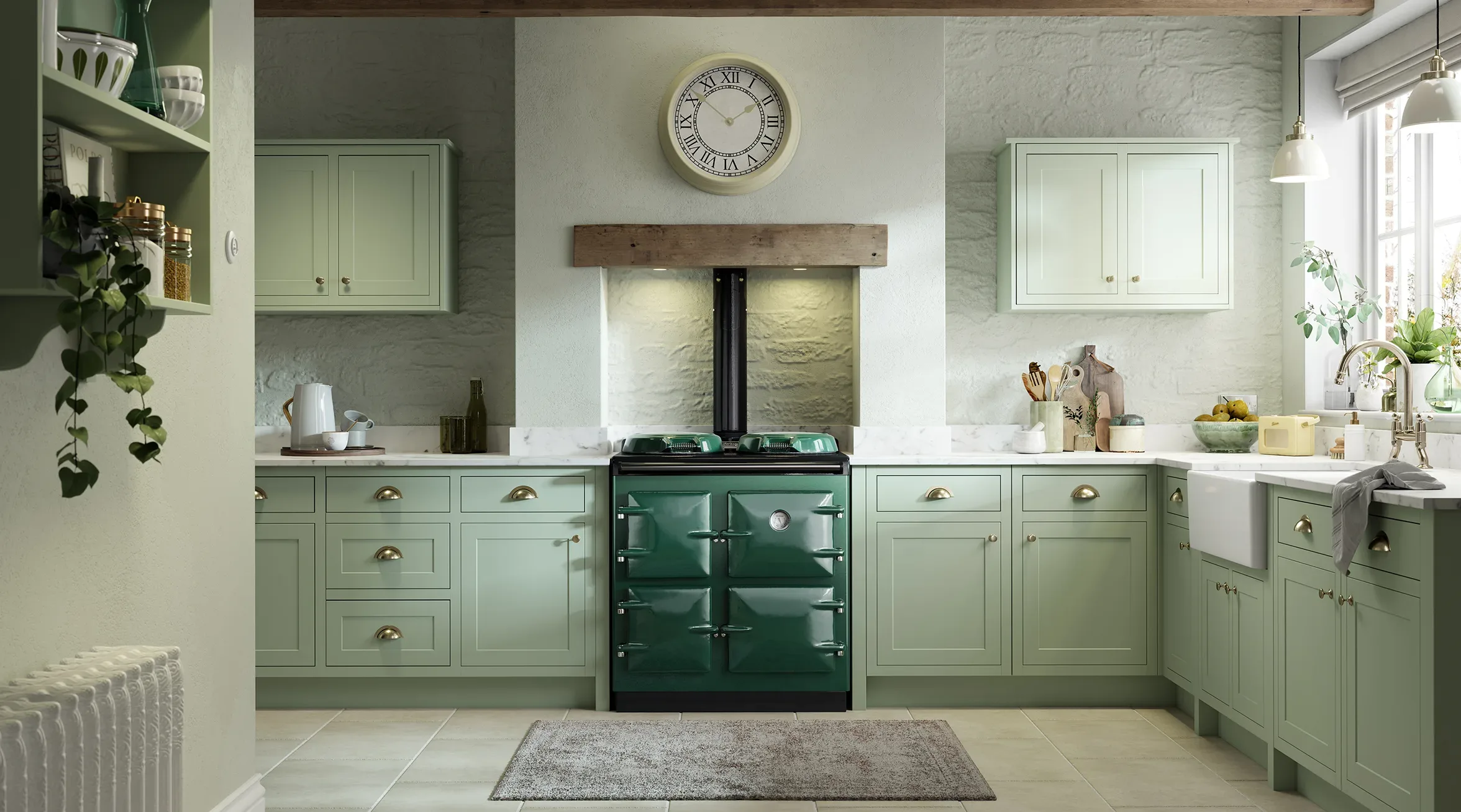 Heritage Standard Range Cooker in Slate Blue installed in a beautiful ochre coloured farmhouse kitchen